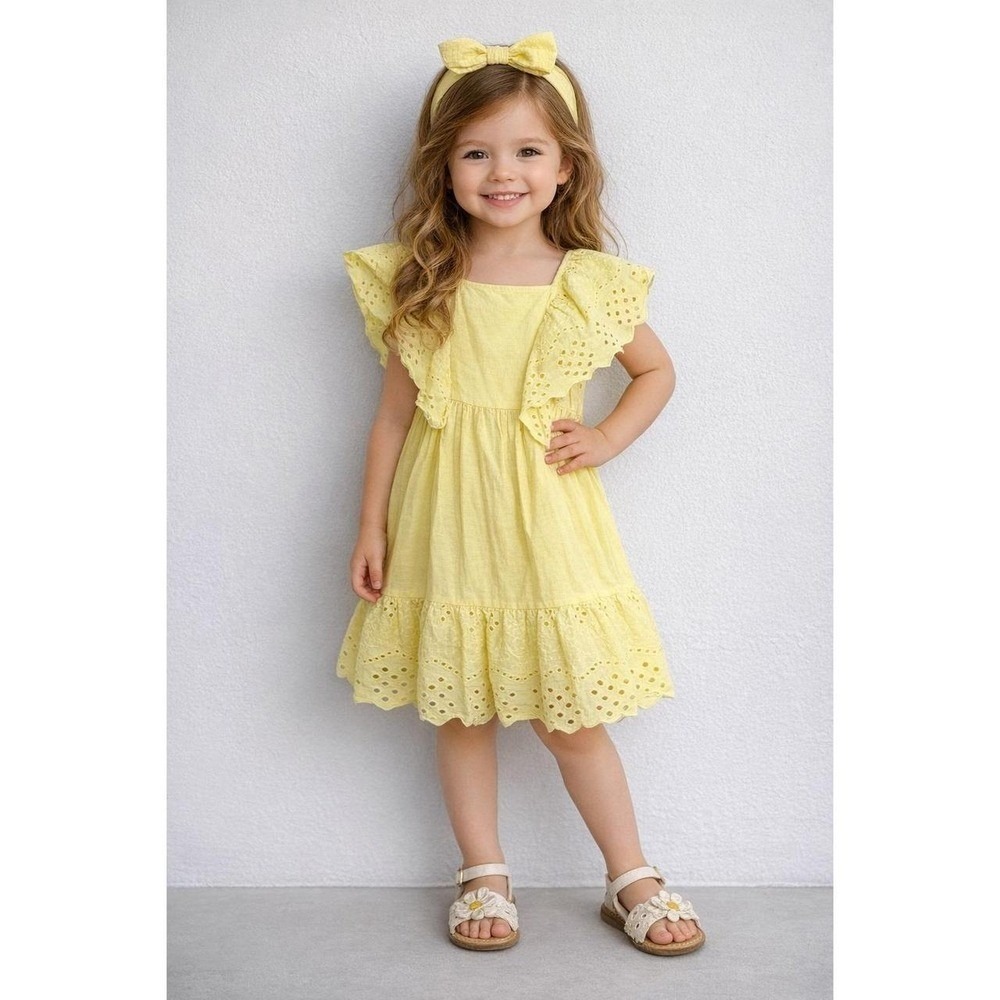 Zara Eyelet Tiered Dress Kids Size 8 Yellow Excellent Flutter Sleeve Cotton